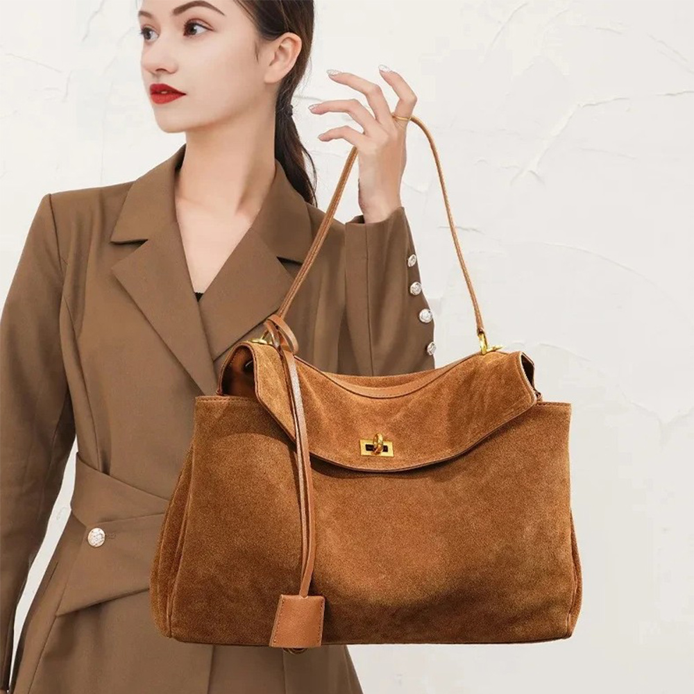 Luxury Tote Bags With Zipper - Tas Kulit Asli Suede Wanita Musim
